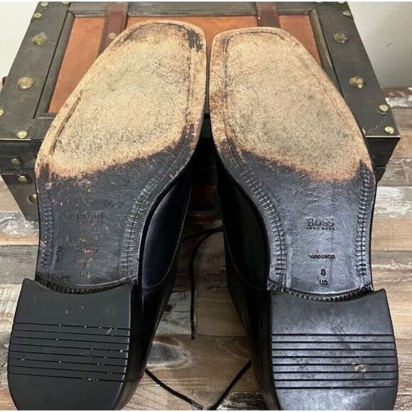 BOSS Hugo Boss Oxford Dress Shoe Size 8 Black Square Toe Lace Up Classic Mens - Picture 5 of 6